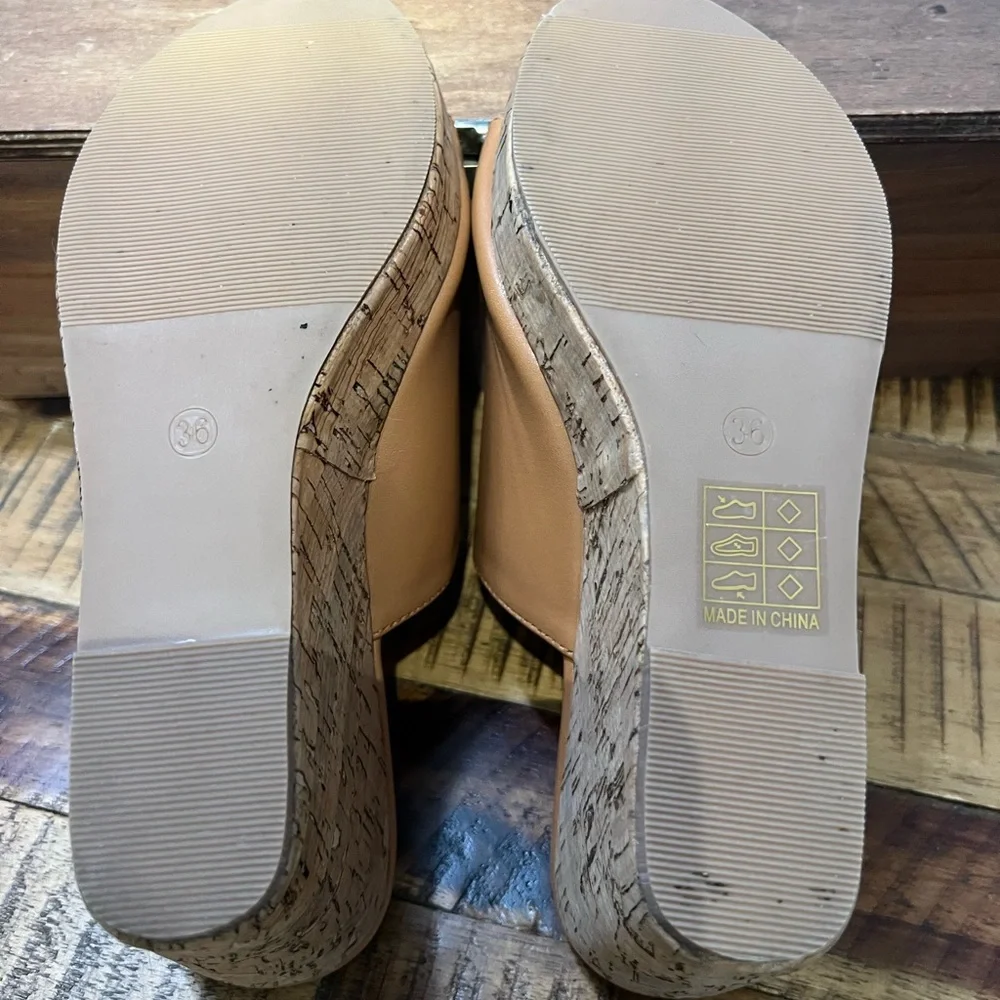 Elegant Tan Wedge Mules Sz 6